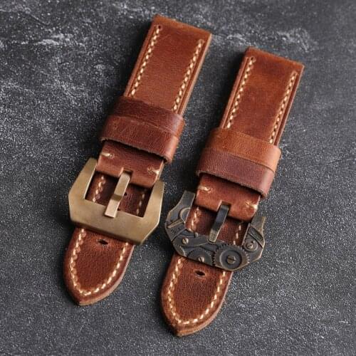Hand-Folded In Half to Make A Brown leather Watchband 20 22 24 26MM First Layer Cowhide Matching Bronze Watch Buckle