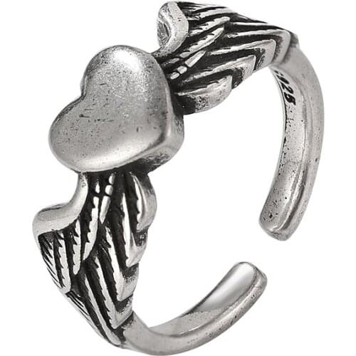 Vintage Punk Heart Angle Wings Adjustable Finger Rings Ancient Silver Color Retro Fashion Jewelry For Women Girl Gifts