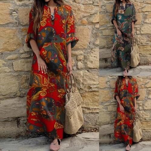 Women Autumn Vintage Long Sleeve Ethnic Floral Print Folk Custom Maxi Dress Casual Long Dresses Women Print Dress