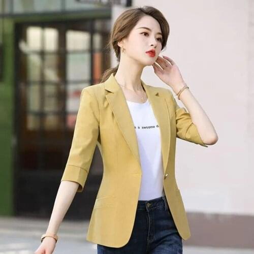 Womens Blazers Jacket 2021 New Summer 3/4 Sleeves Single Button Short Suit Slim Plus Size Ladies Office Blazers Coat Outerwear