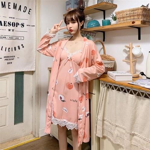 2PCS Sexy Lingerie Nightgown Robes Sets for Women 2020 Summer Print Bathrobe Sleepwear Suit Nightdress Night Dress Two Piece Set