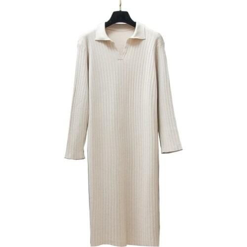 PERHAPS U Woman Knitted Straight Elegant Solid Turn Down Collar Long Sleeve Knee Length Autumn Winter Dress D0822
