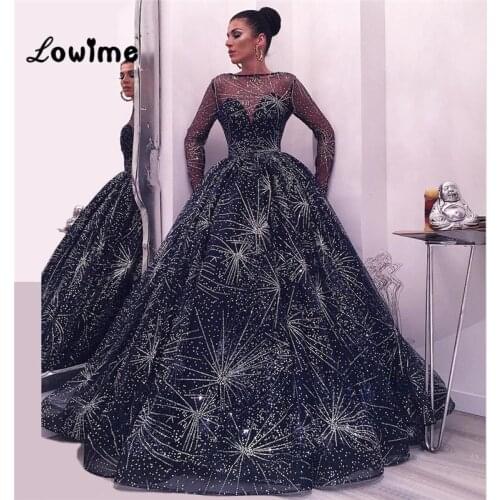 Dubai Turkish Women Evening Dress Elegant Navy Blue Long Sleeve Illusion Evening Gown 2018 Custom Made Kaftan Abendkleider Prom