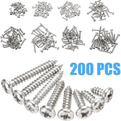 200pcs Stainless Steel Flat Head Screws Self-Tapping Screws 8 Sizes Assortment Kits M3*6/8/10/12/14/16/18/20