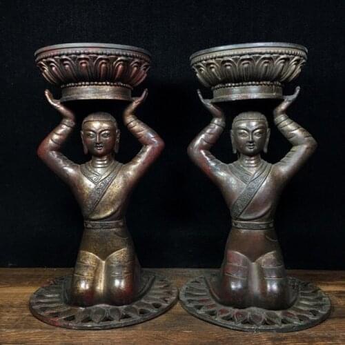 9" Tibet Buddhism Temple Old Bronze Cinnabars Maid statue oil lamp A pair Oil wax Wax table Enshrined Buddha wax table