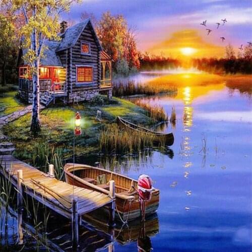 DIY Full Diamond Painting Fantasy Lakeside House Boat Cross Stitch Classic 5D Embroidery Sewing Gifts Art Home Room Decor