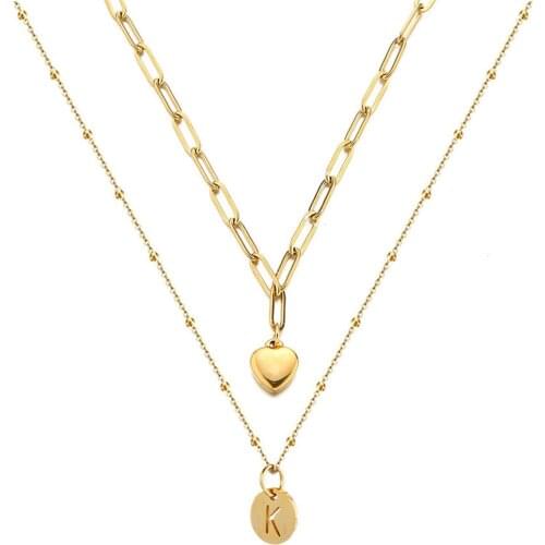 Stainless Steel Chain Heart 26 Alphabet Pendant Necklace For Women Coin A-Z Initial Letter Choker Jewelry Valentines Day Gifts