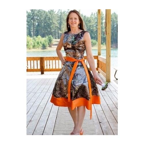 Custom Made Knee Length Camo Bridesmaid Dresses Camouflage Wedding Party Gowns 2016 Orange Satin Special Occasion Dress