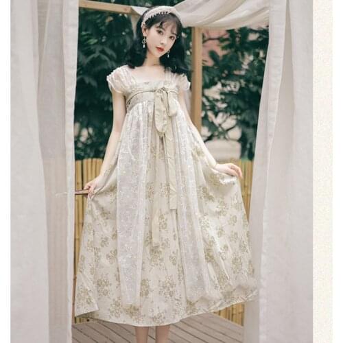 Summer Fairy Dress Thin Section Small Fresh Retro Lace Stitching Folded Sleeves Improved Ancient Chinese Hanfu Vestidos