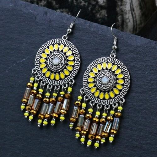 Fashion Round Alloy Earring Vintage Indian Jhumka Female Yellow Crystal Tassel Dangle Earrings For Women Bohemian Ethnic Jewelry
