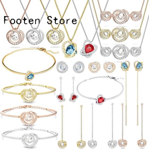 SWA 1:1 Fashion Jewelry Charming Simple Beating Heart Spiral Interwoven Crystal Green Red Crystal Necklace Bracelet Earrings Set