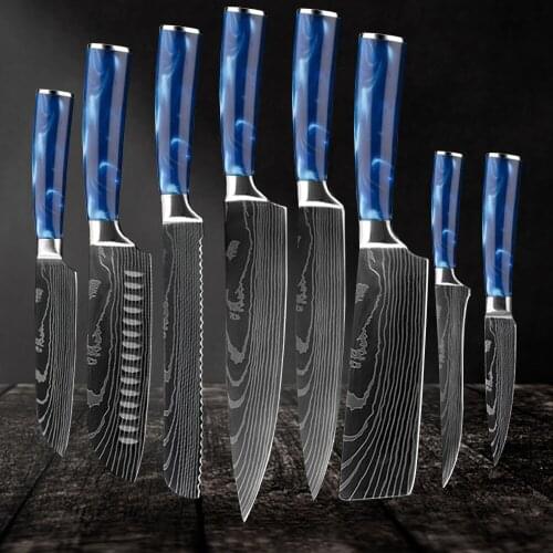 8 PCS Set Japanese Kitchen knives Set Professional Chef Knives Red Handle Laser Damascus Pattern Santoku Cleaver Slicing