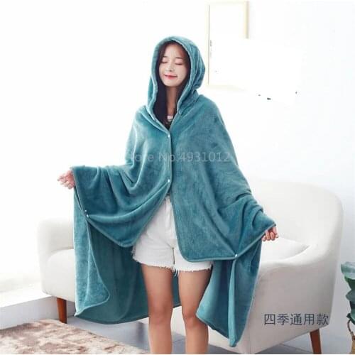 Solid Color Fleece Hooded Blanket Plush All Seasons Hoodie Robe Soft Warm Wearable TV Blanket for Adults Teens