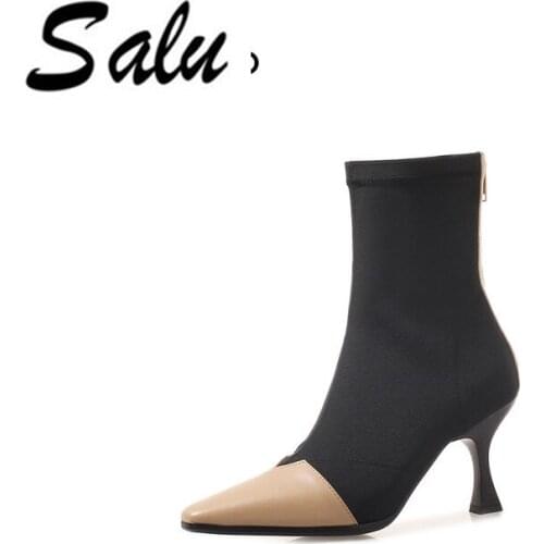 Salu Classic elegant Ankle Boots pointed Toe thin heels women shoes genuine leather Ladies single boots