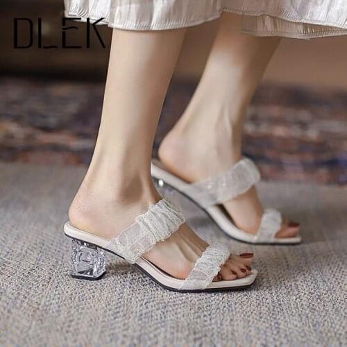 Women Summer Modern Slippers Square Transparent Heels Strap Outside Middle Heel Ladies Big Size 43 Slipper Shoes Heels Slippers