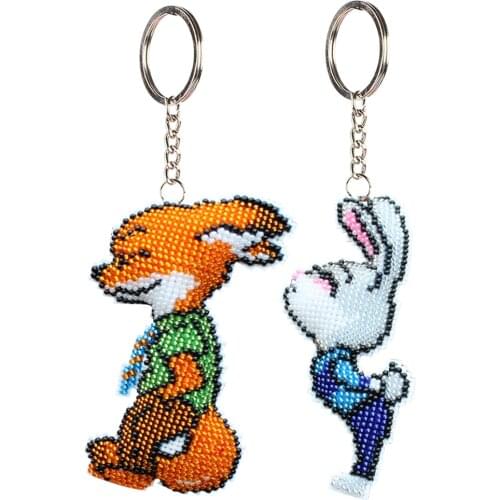 Stamped DIY fox Rabbit Handmade Craft Bead Cross Stitch Keychain Printed Embroidery Needlework Key Ring Kit for Gift Backpack Pe