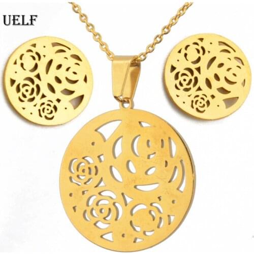 UELF Fashion Rose Flower Jewelry Set Gold Color Stainless Steel Bridal Jewelry Sets for Women Wedding