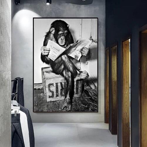 Funny Monkey Business Canvas Painting Monkey Reading Newspaper Posters and Prints Wall Art Pictures for Living Room Home Decor