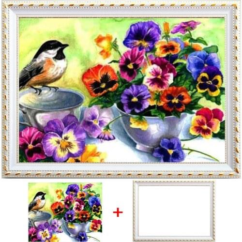 Framed 5D Diamond Painting Flower Full Round Diamond Embroidery Cross Stitch Kit Cartoon Bird Diamond Mosaic Wall Decoration