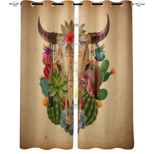 Summer Cactus Cow Skull Retro Blackout Curtains For Living Room Bedroom Printed Window Treatment Drapes Home Decor