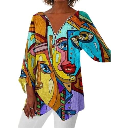 Vintage Long Sleeve Tops Spring Autumn Fashion Irregular Tee Shirt Casual Oversized Women V Neck Zipper T Shirts