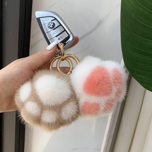 Women Car Key Pendant Real Mink Fur Cat paw Toy Keychain Cute Bag Charm Ornaments Soft Pompom Plush Cute Bear claw Key rings