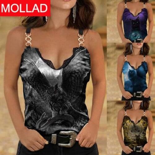 AliExpress Cross-Border 2021 Spring and Summer New Lace Decorative V-neck Printed Sling Vest T-shirt Female Tops