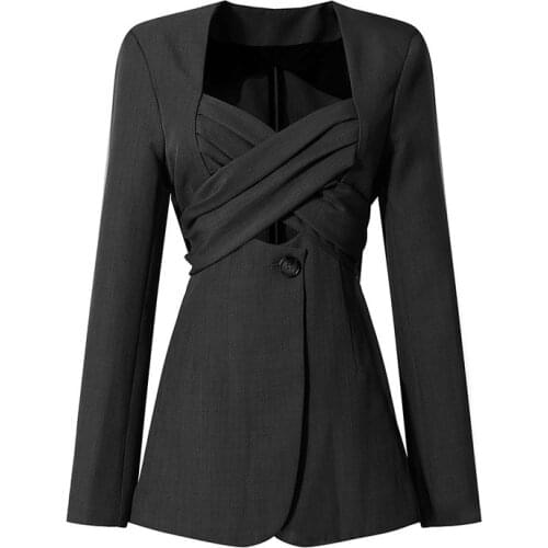 SeeBeautiful Crossing Bandage Bow-knot Loose Blazer Coat Square Collar Long Sleeve New Fashion 2021 Spring Women M356