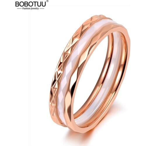BOBOTUU Original Design Titanium Steel White/Black Cut Ceramic Ring Jewelry Rose Gold Wedding Engagement Rings For Women BR19135
