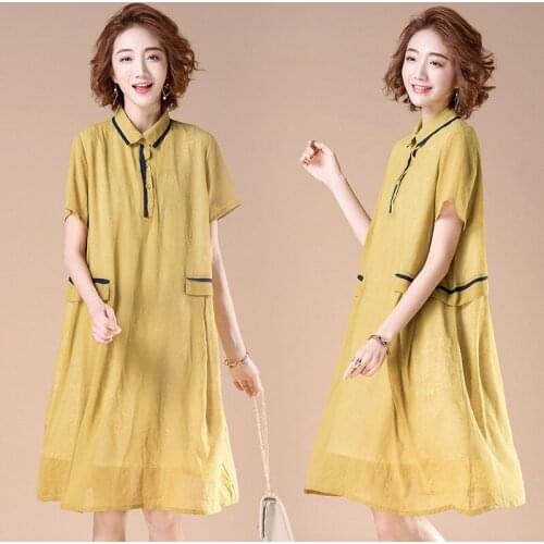 Robe Vintage Femme New Arrival 2019 Ginger Shirt Dress Midi Elegant Vestido Turn Down Collar Ladies Dresses Summer 2019 AA4806