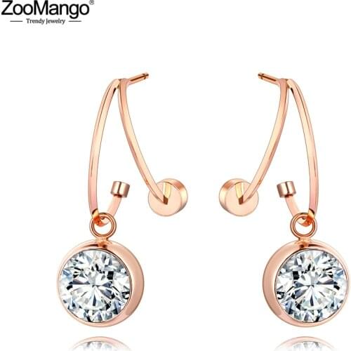 ZooMango Trendy Titanium Stainless Steel Double CZ Crystal Earrings Jewelry Semi-precious Stone Earrings For Women Girls ZE20060