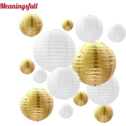 10pcs/set Mixed Size(10cm,15cm,20cm,25cm,30cm) Gold White Paper Lanterns Chinese Ball Lampion For Party Wedding Birthday Decor