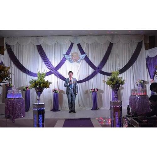 3M x 6M ice silk White backdrop with purple swags Wedding Backdrop stage curtain