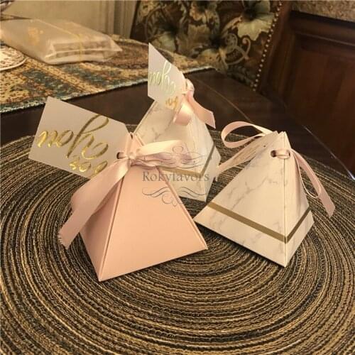 Free Shipping 50PCS Pyramid Marble Favor Boxes For Wedding Party Candy Boxes Event Sweet Chocolate Box Birthday Table Supplies