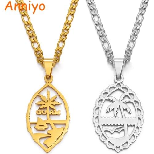 Anniyo Guam Pendant Chain Necklace for Women Girls Men Gold Color Hawaiian Coconut Tree Jewelry Chuuk Kiribati # 136921