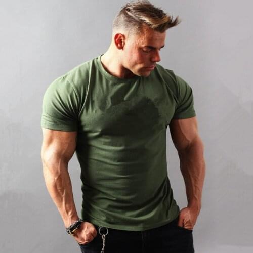 Mens Short sleeve Solid Cotton T-shirt Gyms Fitness Workout t shirts Male Summer Casual Slim O-Neck Tee Tops apparel clothing