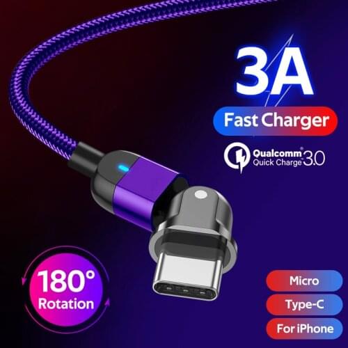 0.5/1/2M 180 Degree Rotate LED 3A Micro USB Type C Cable Fast Charging USB-C Data Cord For Samsung Huawei Mobile Phone Line