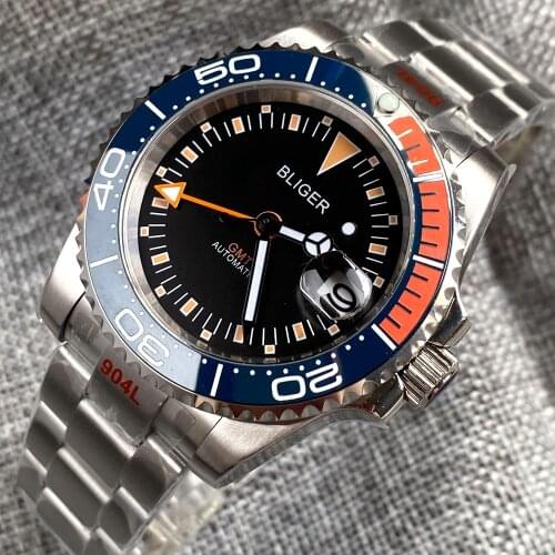 BLIGER 40MM Mens Watch Fashion GMT SUB Automatic Orange Index Slide Lock Clasp Brushed Bracelet Unidirectional Bezel Ring