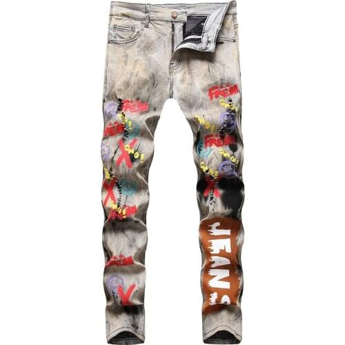 Mens Tie and Dye Letters 3D Printed Jeans Y2K Fashion Holes Ripped Stretch Denim Pants Slim Straight Trousers