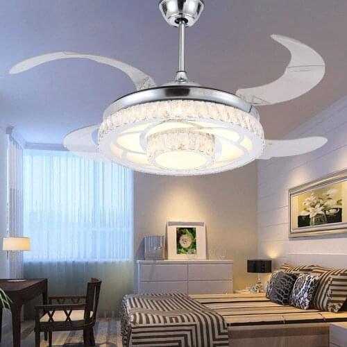 YEELED Light 42" Invisible Crystal Ceiling Fan Remote 3-Color Light/3 Speed Retractable Fan chandelier for Indoor Living Bedroom