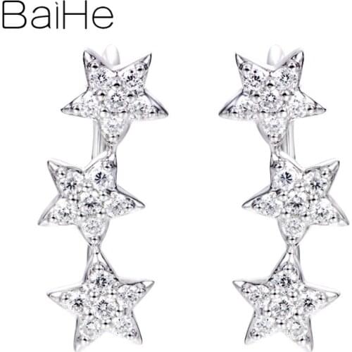 BAIHE Solid 14K White Gold 0.30ct H/SI Natural Diamonds Wedding Engagement Party Trendy Fine Jewelry Star Earrings for Women