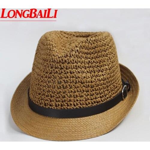 Summer Crochet Straw Fedora Hats For Men Panama Women Patchwork Trilby Sun Hats MEDS025