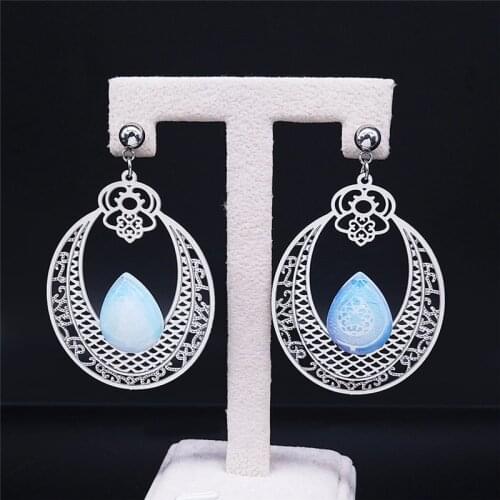 Boho Flower Moonstone Stainless Steel Big Stud Earrings Women Silver Color Earring Jewelry boucle d'oreille femme EXS04