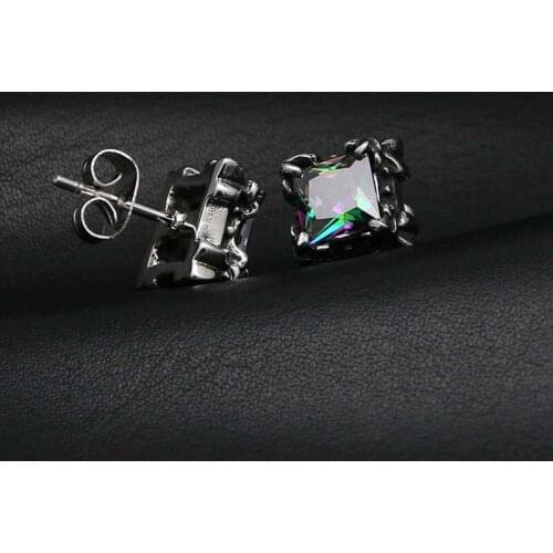 Hiphop Square Stud Earrings Rainbow CZ Crystal 316L Stainless Steel Ear Studs Piercings Cubic Zircon Earring Fashion Jewelry