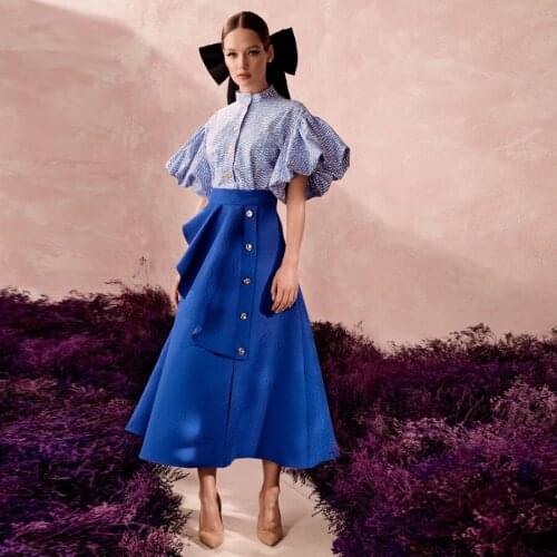 2020 New Arrival Royal Blue Satin Ankle Length Women Skirts Zipper With Button Elegant Lady Skirt Female Bottoms