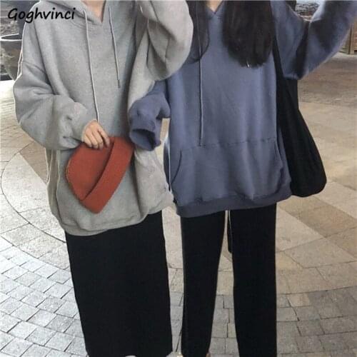 Women Hat Hoodies Sweatshirts Solid Loose Simple Winter Thick Plus Velvet Big Size 2XL Korean Fashion Style Pullover Streetwear