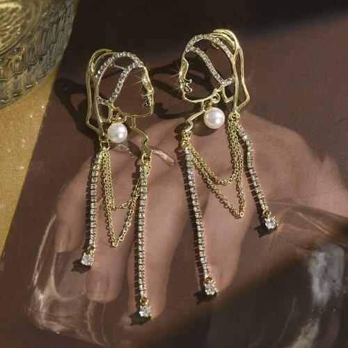 Pearl Crystal Portrait Chain Tassel Earrings Vintage French Personality Rhinestone Exaggerated Women Jewelry Accessories