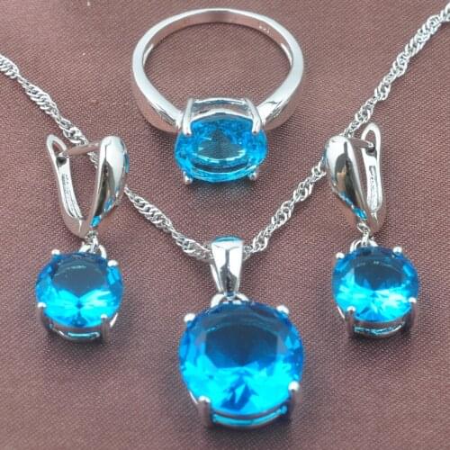 Womens Sky Blue Zirconia Jewelry Sets Russian Style Silver Color Necklace Round Design Pendant Earrings Rings Hot Sell