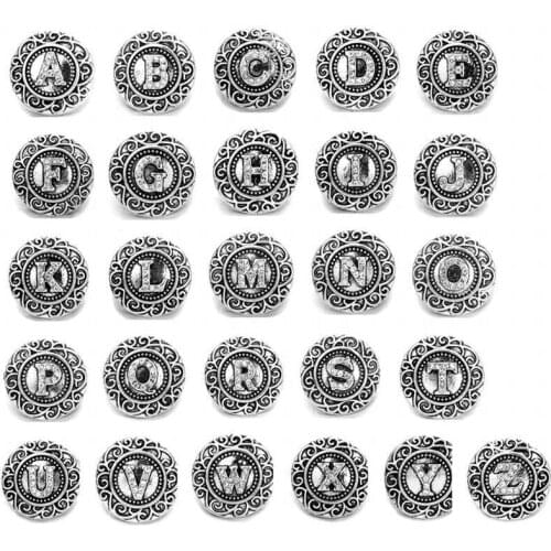 26pcs/lot Vintage Rhinestone Alphabet A-Z Letters Elegant 18mm Metal Snap Button Fit Snap Button Bracelet Jewelry Accessories