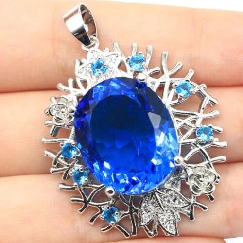 48x34mm Pretty Big Heavy Created Paris Blue Topaz White CZ Ladies Silver Pendant